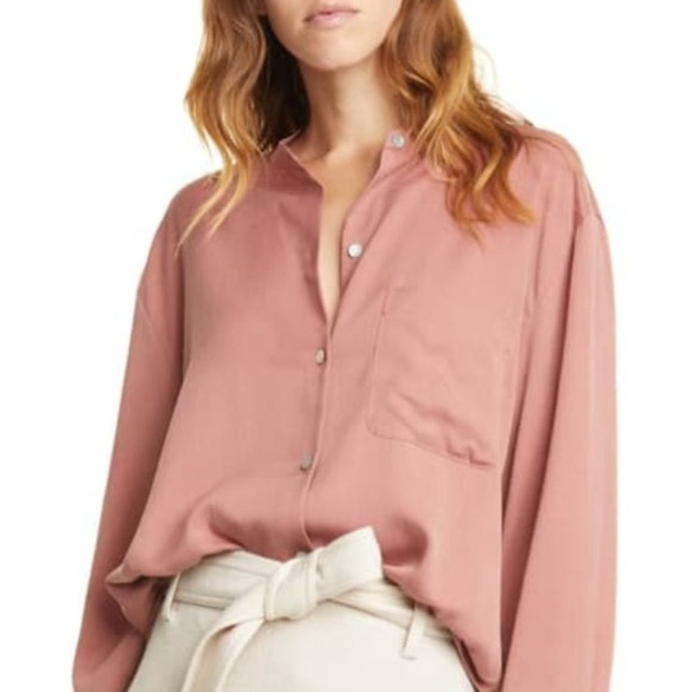 Vince Blush Relaxed Band Collar Long Sleeve Blouse